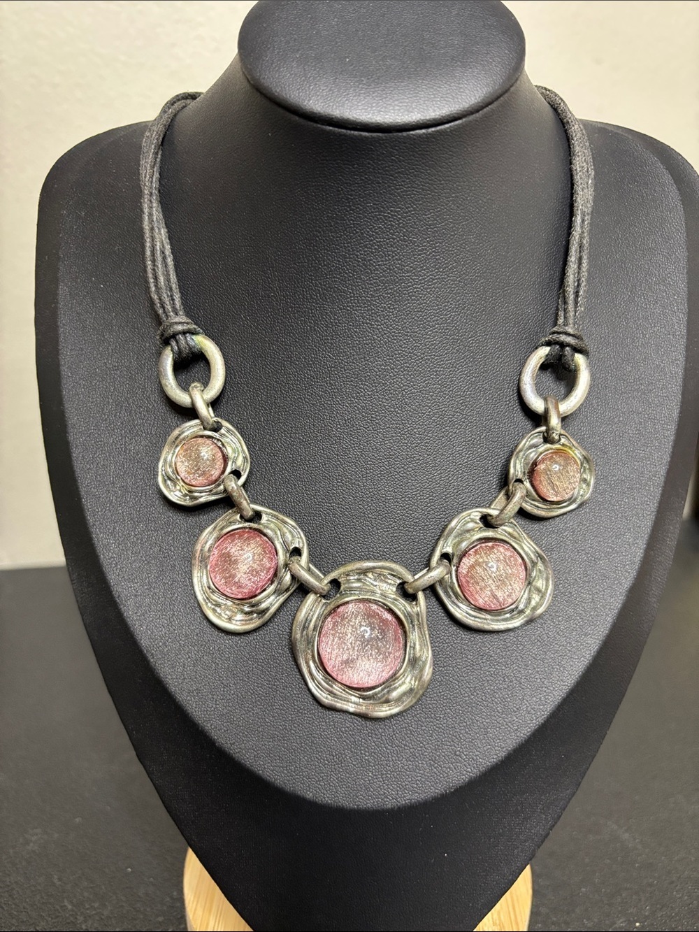 Vintage Brutalist Pink Glass Silver Tone Geometric Black Cord Necklace